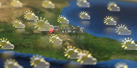 Fototapeta na wymiar Partly cloudy weather icons near Puebla city on the map, weather forecast related 3D rendering