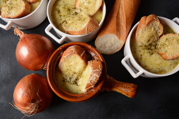 French Onion Soup with toasted bread and cheddar cheese