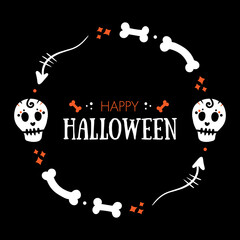 Fototapeta premium Vector doodle style Halloween greeting card, round frame, illustration with skulls, bones and arrows.