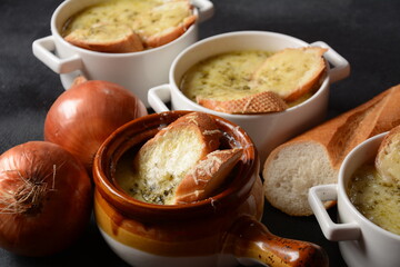 French Onion Soup with toasted bread and cheddar cheese