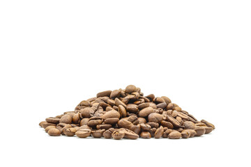 Pile of roasted coffee beans on white background.