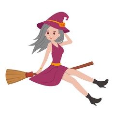 Halloween beautiful witch riding a broomstick isolated in white background, cartoon comic vector illustration