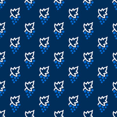 Seamless pattern with grapes in blue and white colors. Light pattern on a dark background with doodles for printing on fabrics, paper, packaging. Vector