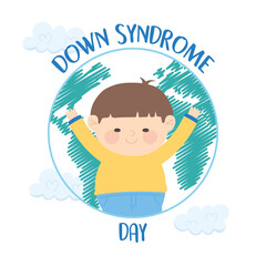 world down syndrome day, happy little boy in map clouds background