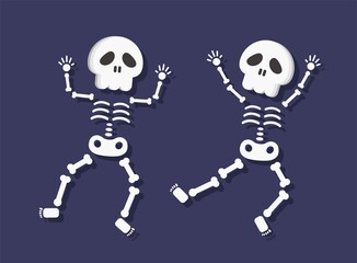 2 skeletons dancing isolated in blue background, cartoon comic vector illustration
