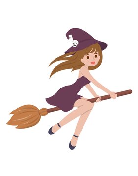Halloween beautiful witch riding a broomstick isolated in white background, cartoon comic vector illustration