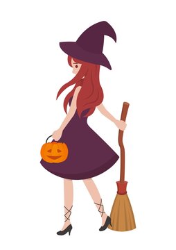 Halloween beautiful witch holding a broom and pumpkin in hand on a white background, cartoon comic vector illustration