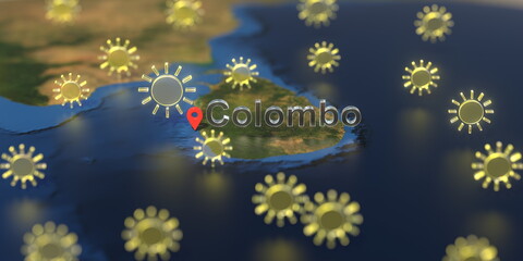 Colombo city and sunny weather icon on the map, weather forecast related 3D rendering