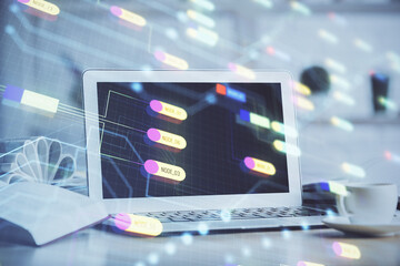 Fototapeta premium Double exposure of desktop computer and technology theme hologram. Concept of software development.
