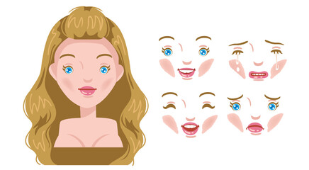 face women set. modern fashion for assortment. Young female head, female hairstyle. Blonde hair.