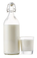 Closed glass milk bottle isolated on white background
