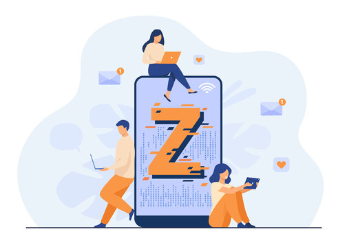Virtual tiny people messaging in social media flat vector illustration. Characters near huge smartphone. Modern demography trend with progressive youth gen. Z generation and digital technology concept