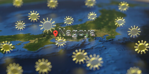 Sunny weather icons near Nagoya city on the map, weather forecast related 3D rendering