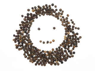 Black pepper emoticon smile. Isolated tasty, background herb, spice,  peppercorn emoticons for social media banner.