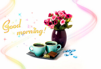 Obraz na płótnie Canvas Beautiful flowers in vase with coffee in the morning, two cups of espresso with on white background. Beautiful greenery ceramic cups, stylish toning,place for text. Card with text of Good morning