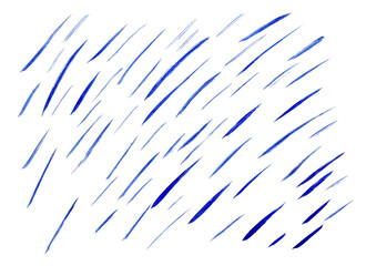 Blue watercolor brush strokes isolated on white background. Pattern with sloppy chaotic linear spots. Abstract concept of raindrops