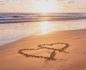 Couple hearts on sea beach. Valentine day and love concept