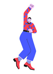 Happy jumping young man in a shirt, jeans, shoes on white background. Cheerful person. Flat cartoon geometric style in bright colors. People positive emotions concept. Vector illustration.