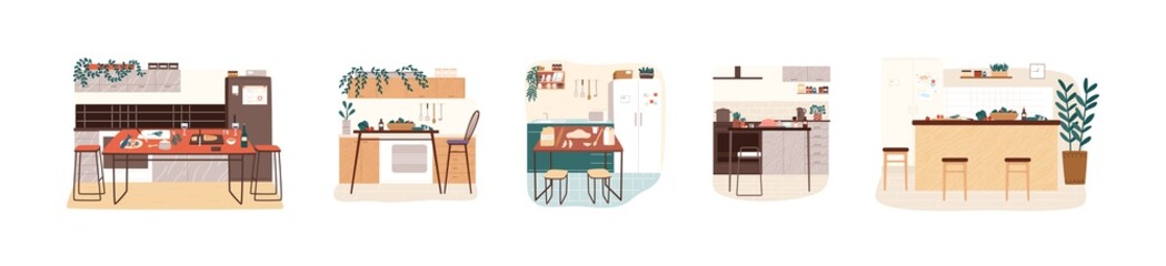 Set of different modern kitchen interiors vector flat cartoon illustration. Collection of furnishing cooking area in minimalist scandinavian style isolated. Comfortable hygge design © Good Studio