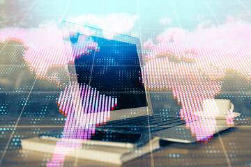 Multi exposure of business theme icons and table with computer background. Concept of success.