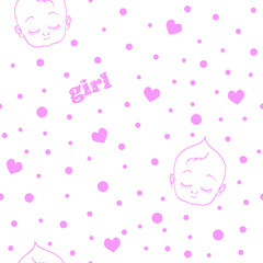 Pink polka dots and hearts Baby seamless pattern. Baby's silhouette. Ornament for the girl.