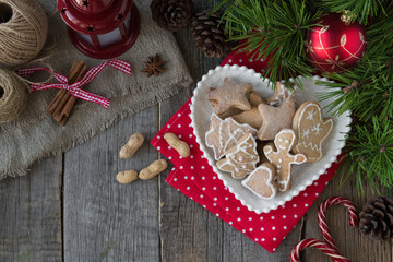 Christmas cookies on a red napkin. Holiday food.