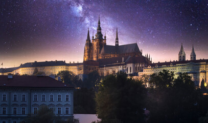 Prague Castle (Prazsky hrad), Czech Republic at night. This is the largest ancient castle in the world. the Basilica of St. Vitus cathedral