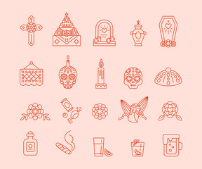 Dia de Muertos - Set of outline icons. Day of The Dead - traditional Calavera symbols. Bread Pan de Muertos, paper flag Papel picado, sugar skull, home altar ofrenda, mexican christian cross and more