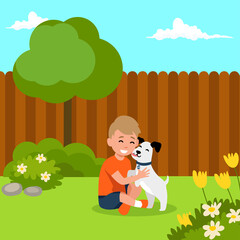 Obraz na płótnie Canvas A little dog licking a boy's cheek. Best friends. Cartoon vector clip art illustration on the backyard