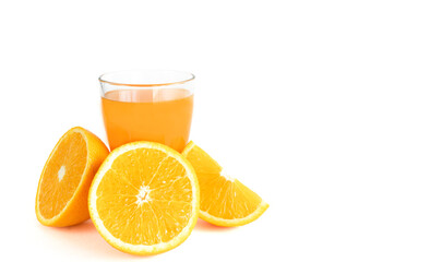 Glass of fresh orange juice with fruits cut in half isolated on white background with copy space, banner