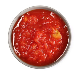Tomato sauce with chopped chunks in tin can isolated on white background, top view