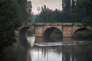 ashlar stone medieval bridge, puente mayor, crossing rio carrion, in autumn. Palencia, Spain.