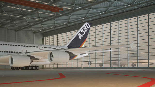 Empty Hangar With Plane, Empty Factory Interior Or Empty Warehouse. 3d Rendering