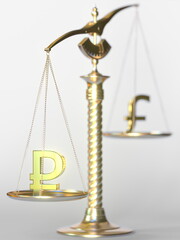 Ruble RUB weighs more than Pound sterling on balance scales. Forex trend concept. 3d rendering