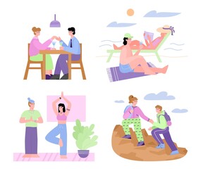 Couple leisure and joint recreation for bonding relationships set. Men and women spending time together, flat cartoon vector illustration isolated on white background.