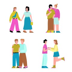 Set of lesbian and gay couples spending time together. Pride month pictures of lgbt love and support, flat cartoon vector illustration isolated white background