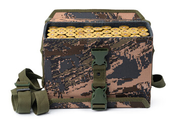 Bag for storage of hunting cartridges isolated on white