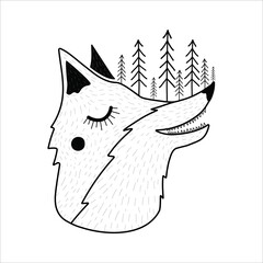 Vector illustration with happy smiling fox head and doodle pine trees. Trendy black white print design with wild animal and nature landscape