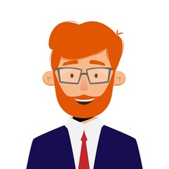Avatar portrait of young businessman with beard and eyeglasses. Vector illustration in flat style