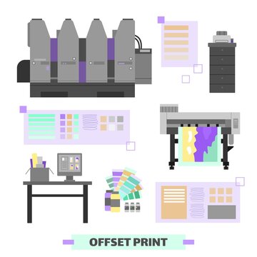 Polygraphy and printing house equipment and facility set of flat cartoon vector illustrations isolated on white background. Offset print and typography items collection.