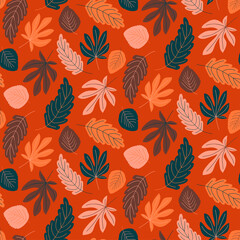 Seamless pattern with autumn maple, oak, and birch leaves. Flat cartoon colorful illustration. Vector EPS 10.