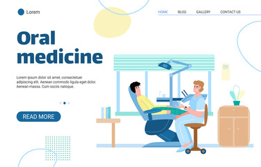 Oral medicine website page template with dentist and patient at dental clinic background, flat cartoon vector illustration. Stomatology and oral health care.