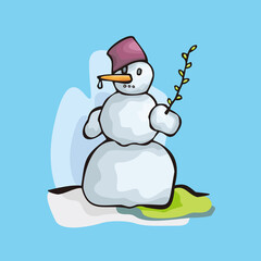 Cute Snowman with Christmas gift in snowing, Vector illustration