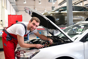 portrait of a friendly car mechanic in the workshop in work clothes - job repair of vehicles