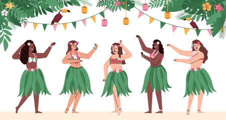 Group of beautiful happy hawaiian girls in traditional costumes dance hulu. Polynesian dancers in grass skirts and with flowers in hair. Flat cartoon vector illustration. © Kudryavtsev