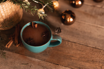 Cup of chocolate and gingerbread cookies. Christmas time.