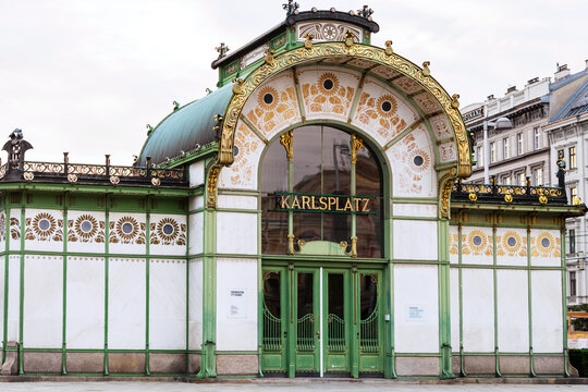 VIENNA, AUSTRIA - SEPTEMBER 26, 2015: entrance in Karlsplatz Stadtbahn Station in Otto Wagner Pavilion. Otto Wagner, architect of Vienna's Art Nouveau era, was the designer of Stadtbahn around 1900