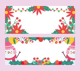 merry christmas, snowman poinsettia flowers holly berry decoration celebration banner for greeting