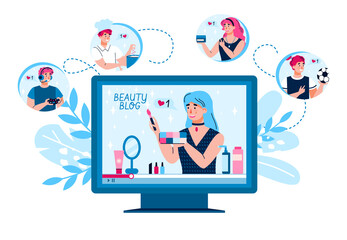 Bloggers and influencers with their video tutorials and reviews, flat cartoon vector illustration isolated on white background. Product promotion in social media.