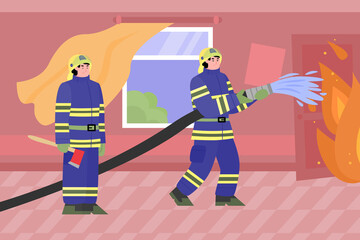 Fire department firefighters extinguish a fire in an apartment, flat cartoon vector illustration. Scene background of firemen work inside the building.